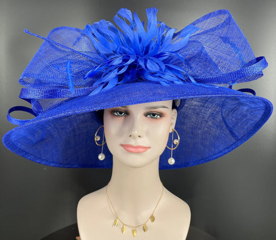 Royal Blue Derby Hat: Feather Flower Sinamay Church Hat