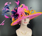 Sinamay Kentucky Derby Hat: Hot Pink & Navy Feather Ascot Hat