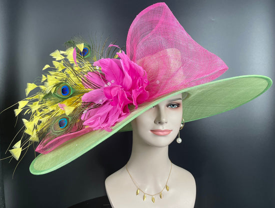 Wide Brim Sinamay Derby Hat: Green, Pink, Yellow Feather Ascot Hat