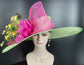 Wide Brim Sinamay Derby Hat: Green, Pink, Yellow Feather Ascot Hat