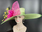 Wide Brim Sinamay Derby Hat: Green, Pink, Yellow Feather Ascot Hat