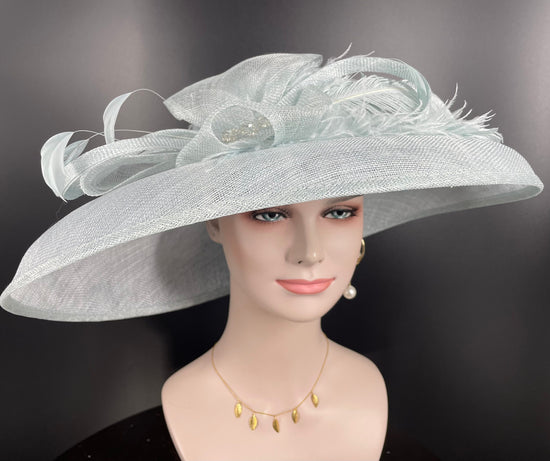 Powder Blue Sinamay Wide Brim Hat: Rhinestone Bow, Ostrich Feather