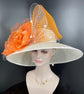 Wide Brim Sinamay Derby Hat: Off White with Orange Silk Flower