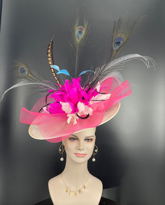 Ivory Sinamay Fascinator Hat: Feather Flower Derby Hat