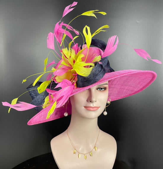 Sinamay Kentucky Derby Hat: Navy, Hot Pink Feather Flower Wide Brim