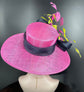 Sinamay Kentucky Derby Hat: Navy, Hot Pink Feather Flower Wide Brim