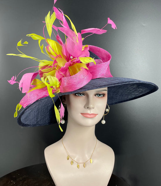 Navy Sinamay Derby Hat: Hot Pink Feather Flower Wide Brim