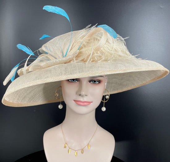Champagne Sinamay Derby Hat: Wide Brim Feathered Church Wedding