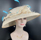 Champagne Sinamay Derby Hat: Wide Brim Feathered Church Wedding