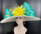 Wide Brim Sinamay Derby Hat: Ivory, Turquoise, Yellow Feather Flower