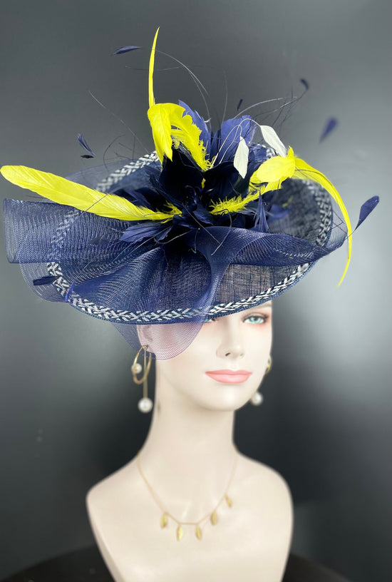 Navy & Yellow Sinamay Fascinator Hat: Feather Flower Kentucky Derby Headpiece