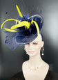 Navy & Yellow Sinamay Fascinator Hat: Feather Flower Kentucky Derby Headpiece