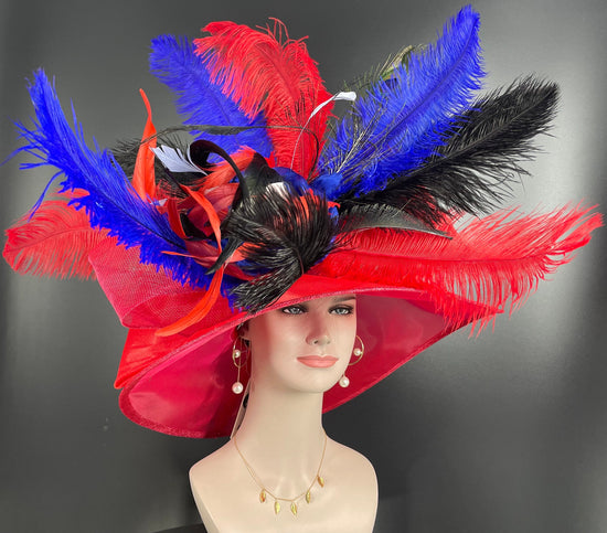 Red Kentucky Derby Hat, Church Hat, Wedding Hat, Easter Hat, Tea Party Hat Wide Brim Royal Ascot Horse Race Oaks day hat  Ostrich Feathers