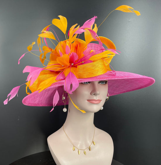 Church Kentucky Derby Hat Carriage Tea Party Wedding Wide Brim Sinamay Hat Hot Pink w Orange Rhinestones