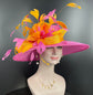 Church Kentucky Derby Hat Carriage Tea Party Wedding Wide Brim Sinamay Hat Hot Pink w Orange Rhinestones