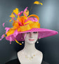 Church Kentucky Derby Hat Carriage Tea Party Wedding Wide Brim Sinamay Hat Hot Pink w Orange Rhinestones
