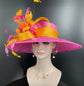 Church Kentucky Derby Hat Carriage Tea Party Wedding Wide Brim Sinamay Hat Hot Pink w Orange Rhinestones