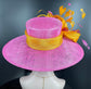 Church Kentucky Derby Hat Carriage Tea Party Wedding Wide Brim Sinamay Hat Hot Pink w Orange Rhinestones