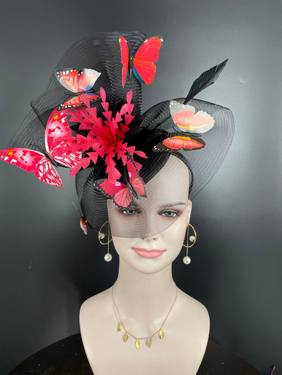 DerbyFascinator Hat: Black Organza, Red Feather, Butterfly Headband