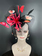 Kentucky Derby Fascinator Hat: Black Organza, Red Feather, Butterfly Headband