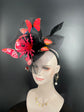 Kentucky Derby Fascinator Hat: Black Organza, Red Feather, Butterfly Headband