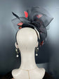 Kentucky Derby Fascinator Hat: Black Organza, Red Feather, Butterfly Headband