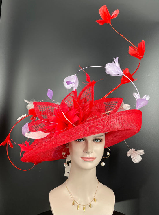 Red Lilac Custom Feather Style Wide Brim Kentucky Derby Hat, Ascot Hat for Wedding & Tea Party, Garden Party Hat,Mother of the Bride, Church