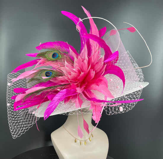 Sinamay Kentucky Derby Hat: Pink Feather Flower, Rhinestone Tea Party Hat