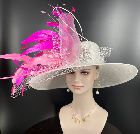 Sinamay Derby Hat: Pink Feather Flower, Rhinestone Tea Party Hat
