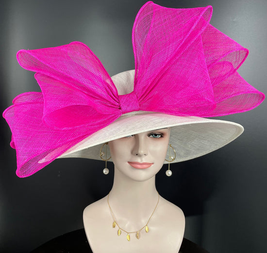 Sinamay Kentucky Derby Hat: White Wide Brim with Fuchsia Bow