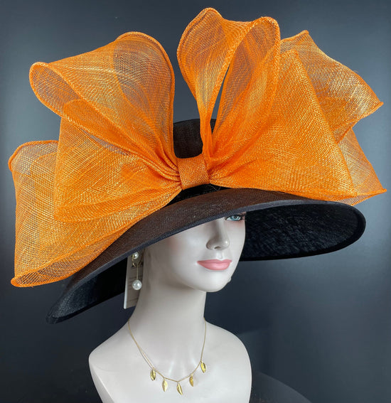 Black Wide brim Sinamy Hat Kentucky Derby Party Hat ,Tea Party Carriage Party Easter Party Hat w Jumbo Bows( 27 colors Available )
