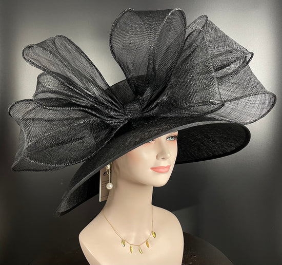 Black Sinamay Kentucky Derby Hat: Wide Brim Party Hat with Jumbo Bow
