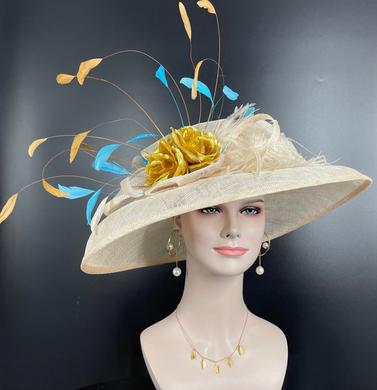 Champagne Sinamay Derby Hat: Gold Flower, Turquoise Feathers