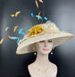 Champagne Sinamay Kentucky Derby Hat: Gold Flower, Turquoise Feathers