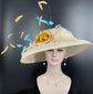 Champagne Sinamay Kentucky Derby Hat: Gold Flower, Turquoise Feathers