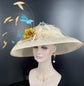 Champagne Sinamay Kentucky Derby Hat: Gold Flower, Turquoise Feathers