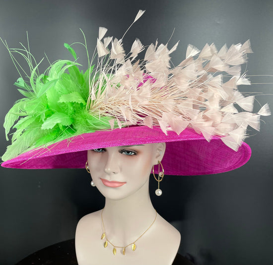 Hot Pink Sinamay Derby Hat: Feather Flower Ascot Fascinator