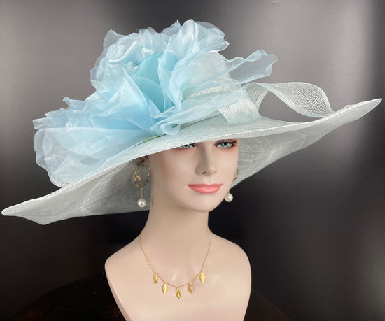Powder Blue Jumbo Silk Flower Sinamay Hat: Wide Brim Derby Dress Hat