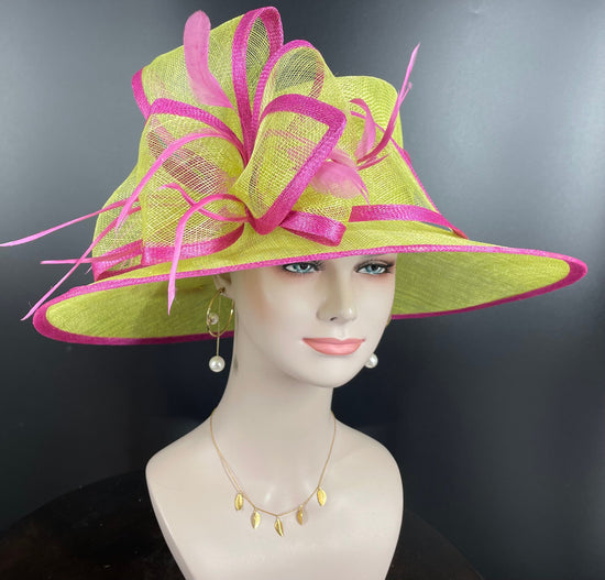 Lime Green Hot Pink Feather Flower Wide Brim Kentucky Derby Hat,Ascot Hat for Wedding Tea Party, Garden Party Hat,Mother of the Bride,Church