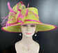 Lime Green Sinamay Kentucky Derby Hat: Hot Pink Feather Flower Wide Brim