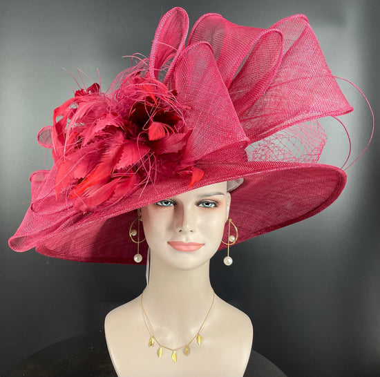 Burgundy Sinamay Kentucky Derby Hat: Wide Brim Feather Ascot Hat