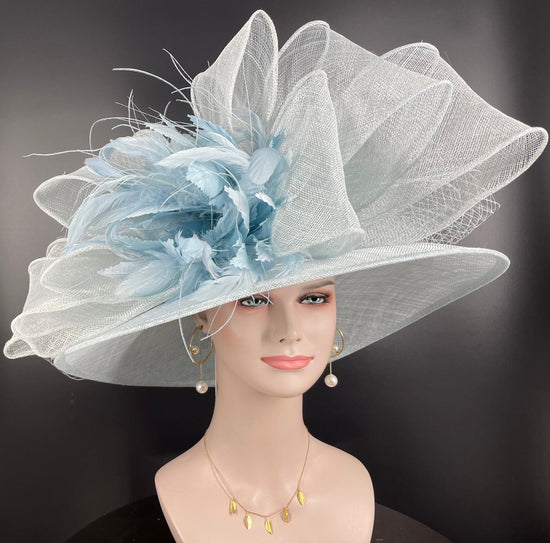 Powder Blue Sinamay Derby Hat: Feather Flower Ascot Hat