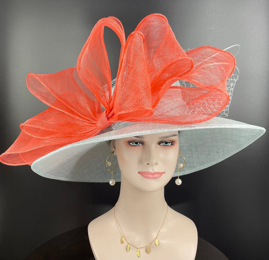 Coral & Powder Blue Sinamay Derby Hat: Ascot Wedding Party Hat