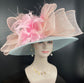 Wide Brim Sinamay Derby Hat: Powder Blue, Peach, Pink Feather Flower