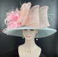 Wide Brim Sinamay Derby Hat: Powder Blue, Peach, Pink Feather Flower