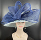 Wide Brim Sinamay Derby Hat: Powder Blue, Navy Bow