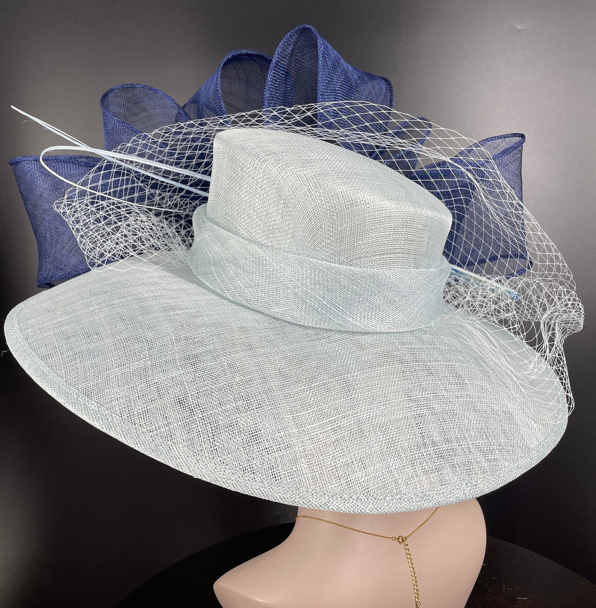 Wide Brim Sinamay Derby Hat: Powder Blue, Navy Bow – Miss Race Derby Hats