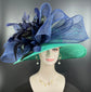 Jade Green Sinamay Kentucky Derby Hat: Navy Bows, Feather Flower