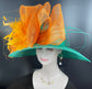 Jade Green Sinamay Derby Hat: Orange Feather Ascot Race Day Hat