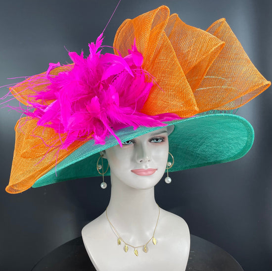 Wide Brim Sinamay Derby Hat: Jade Green, Orange, Fuchsia Feather Bow